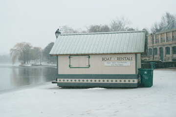 Canvas Print - Boat Rental building on a snowy winter day in Delaware Park, Buffalo, New York