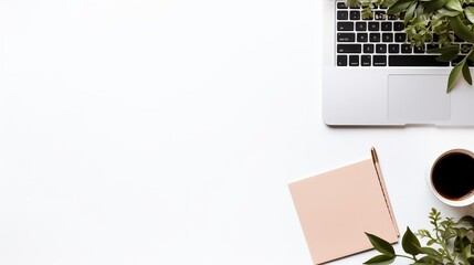 Modern workspace with coffee cup, paper, notebook, tablet and laptop copy space on white color background. Top view. Flat lay style