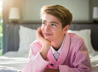 Canvas Print - Young smiling man relax on hotel bed at his room on vacation