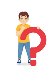 Wall Mural - Cute kid boy thinking standing behind question mark isolated vector illustration