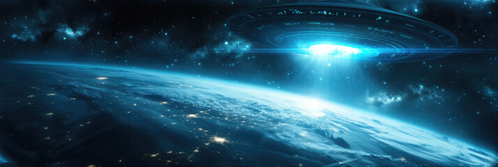 a flying saucer flies in outer space above the planet earth, a blue ray of light