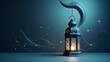 Ramadan Kareem background banner. Islamic Greeting Cards for Muslim Holidays and Ramadan. Blue banner with moon and lantern