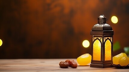 Wall Mural - Ramadan concept. Dates close-up in the foreground. Ramadan Lantern on a wooden table. Textured yellow wall background. Space for text on the right.