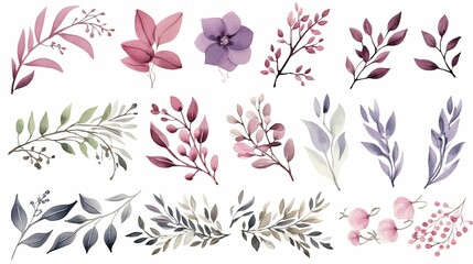 Wall Mural - Set of watercolor flowers, leaves, branches, isolated on white. Sketched colorful wreath,groups, garland for romantic wedding, valentines day design. Handdrawn Vector, imitation of Watercolour style