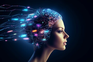 Wall Mural - Digital art of a human profile with a vibrant network illustrating advanced AI or brain activity.