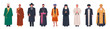 Religion characters. Clergymen from different confessions in special attire, christian and muslim, islam and buddhism. Traditional clothes, cartoon flat style isolated nowaday vector set
