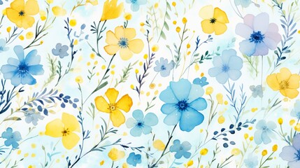 Wall Mural - Watercolour floral pattern, delicate flowers, yellow, blue and pink flowers, cute colorful floral abstract print
