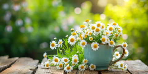 Chamomile flowers in cup on table in garden