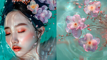 Poster - young girl in water with flowers