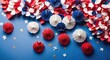 4th of July background, USA Presidents Day, Independence Day, Memorial day, US election concept. Red white and blue paper fans with stars confetti. Flat lay, top view