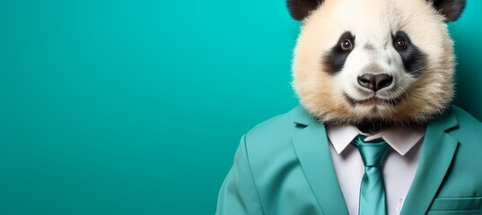 Poster - Anthropomorphic panda in business suit working in corporate studio with copy space, animal concept.