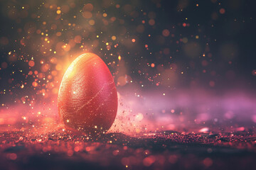 Bright colored Easter egg with scattering and sparkling light particles on dark background. Front view with copy space. 