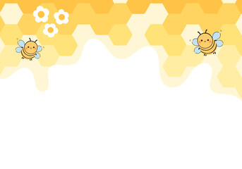 Wall Mural - Beehive honey sign with hexagon grid cells, daisy flower and bee cartoons on yellow background vector illustration.