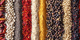 Fototapeta Nowy Jork - Exotic Spices Piled at Market Stall. Vibrant heaps of various spices creating a colorful landscape in a market, with copy space.