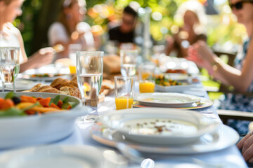 Wall Mural - Beautifully decorated table with white tablecloth and healthy dishes in the garden, with blurred people who are talking and eating in the background