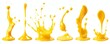 Set of yellow drops and splashes of cheese sauce or mustard isolated on white background. With clipping path. Full depth of field. Focus stacking. PNG, Generative AI