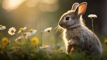 Little Rabbit Smelling A Flower In The Garden