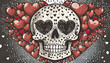 Love Valentine's Day skull with hearts as eyes, halftone retro shading
