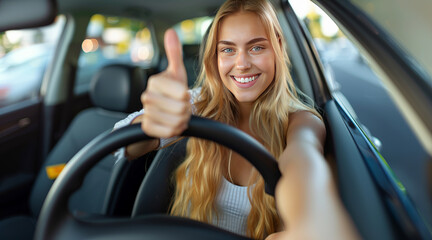 Beautiful girl driver smiles and shows a thumbs up while driving a new car. Front view. Concept of buying or renting a new car