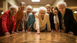 Group of older people standing around wooden table. Generative AI
