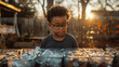 Boy checking the separated recyclable waste in his backyard