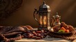 Traditional lantern, dates fruit, rosary beads and a cup of Arabic coffee on a  small straw mat with arabesque shadow effect