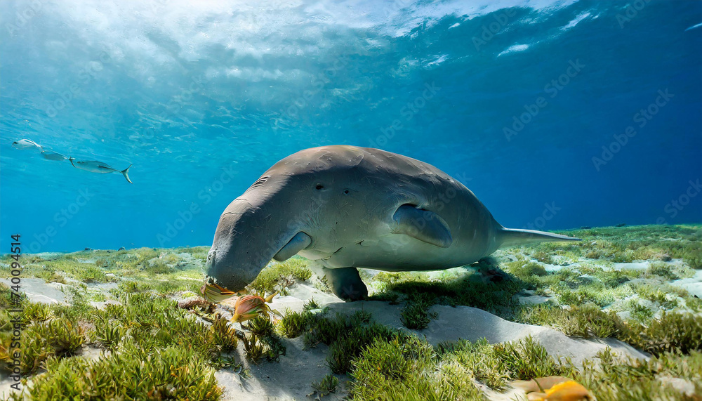 Portrait of a male Dugong (Dugong dugon) feeding on a seagrass meadow ...