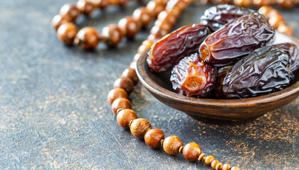 Wall Mural - Ramadan ornamental background with rosary beads and dried dates, close-up