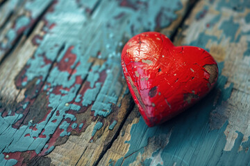 Poster - Red heart on wooden background. Love is everywhere. A slide background for showcasing love. Background image. Created with Generative AI technology