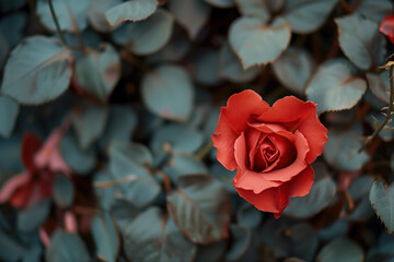 Poster - Red rose on background of gray leaves. Love is everywhere. A slide background for showcasing love. Background image. Created with Generative AI technology