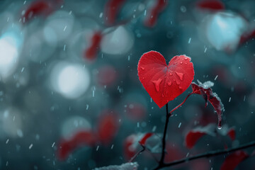 Poster - Heart shaped leaf in the rain. Love is everywhere. A slide background for showcasing love. Background image. Created with Generative AI technology