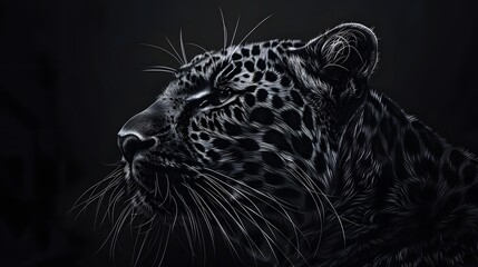 Panther in rest. Black and white portrait of leopard on black background. Predator series. Danger concept. digital art