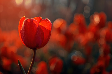 Poster - Closeup of a red tulip in the garden. Love is everywhere. A slide background for showcasing love. Background image. Created with Generative AI technology