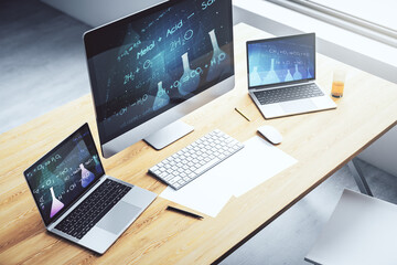 Poster - Creative chemistry hologram on modern laptop monitor, pharmaceutical research concept. 3D Rendering