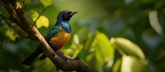 Canvas Print - A Bucorvus leadbeateri bird seeking shade, perches on a vibrant tree branch.