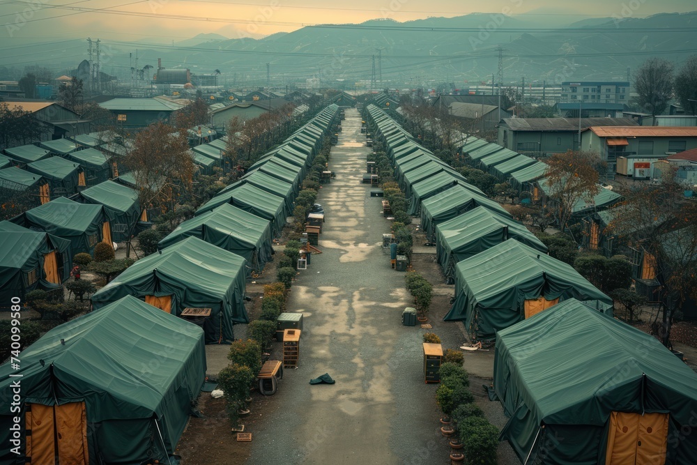 Military Base Example Aerial view of a military base with rows of neatly arranged barracks ...
