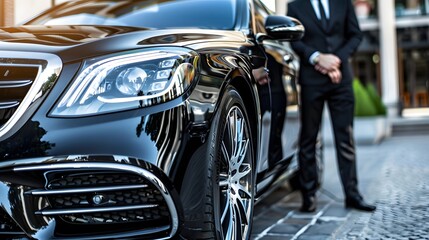 Professional driver near luxury car, closeup. Chauffeur service