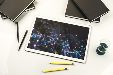 Poster - Creative abstract wireless technology hologram on modern digital tablet display, artificial intelligence and machine learning concept. Top view. 3D Rendering