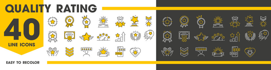 Wall Mural - Quality rating icons of rank, reward or grade stars with winner certificate, vector line symbols. Five star rating line icons of best award, top rank achievement review or high quality victory wreath