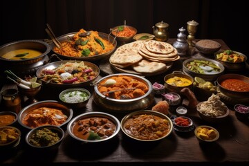 full table for a banquet with indian food