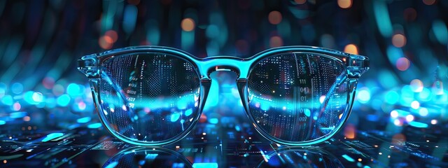 Smart glasses with futuristic technology background. VR/AR goggles.