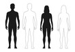 Human body silhouette, man and woman outline figure or patient front view, vector contour. Male and female anatomy model of body for medical line icon or health and medicine patient full body