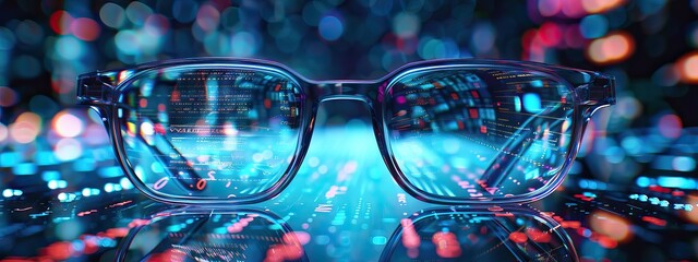 Smart glasses with futuristic technology background. VR/AR goggles.