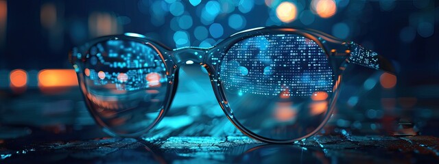 Smart glasses with futuristic technology background. VR/AR goggles.