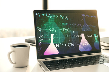 Poster - Creative chemistry hologram on modern laptop monitor, pharmaceutical research concept. 3D Rendering