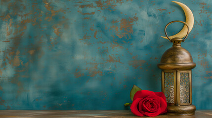 Wall Mural - Copy space of ramadhan vintage lantern, Crescent moon and red rose flower. Empty space for product and text