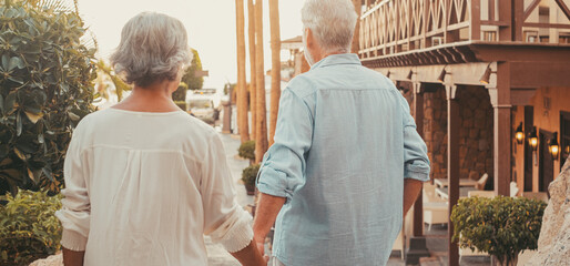 Wall Mural - Portrait of one happy and cute senior holding hand of old pensioner wife walking and visiting new places together with the sunset at the background. Couple having fun in the park..