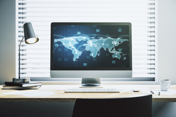 Aufkleber - Computer monitor with abstract graphic digital world map with connections, globalization concept. 3D Rendering
