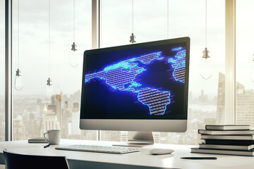 Poster - Modern computer monitor with America map, research and strategy concept. 3D Rendering