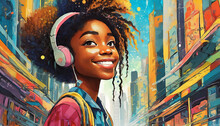 Urban Street Art, Face Of A Black Girl Listening To Music. Fantasy Concept , Illustration Painting, Art Design